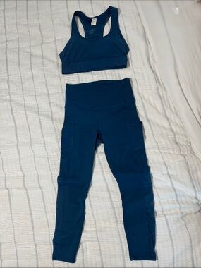 Fabletics dark teal blue Racerback Sports Bra and High-Waist Leggings Set